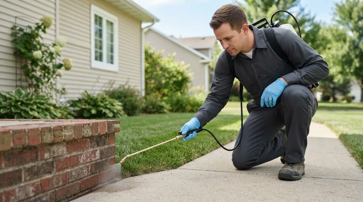 Pest control technician treating a home near Lincoln, KS